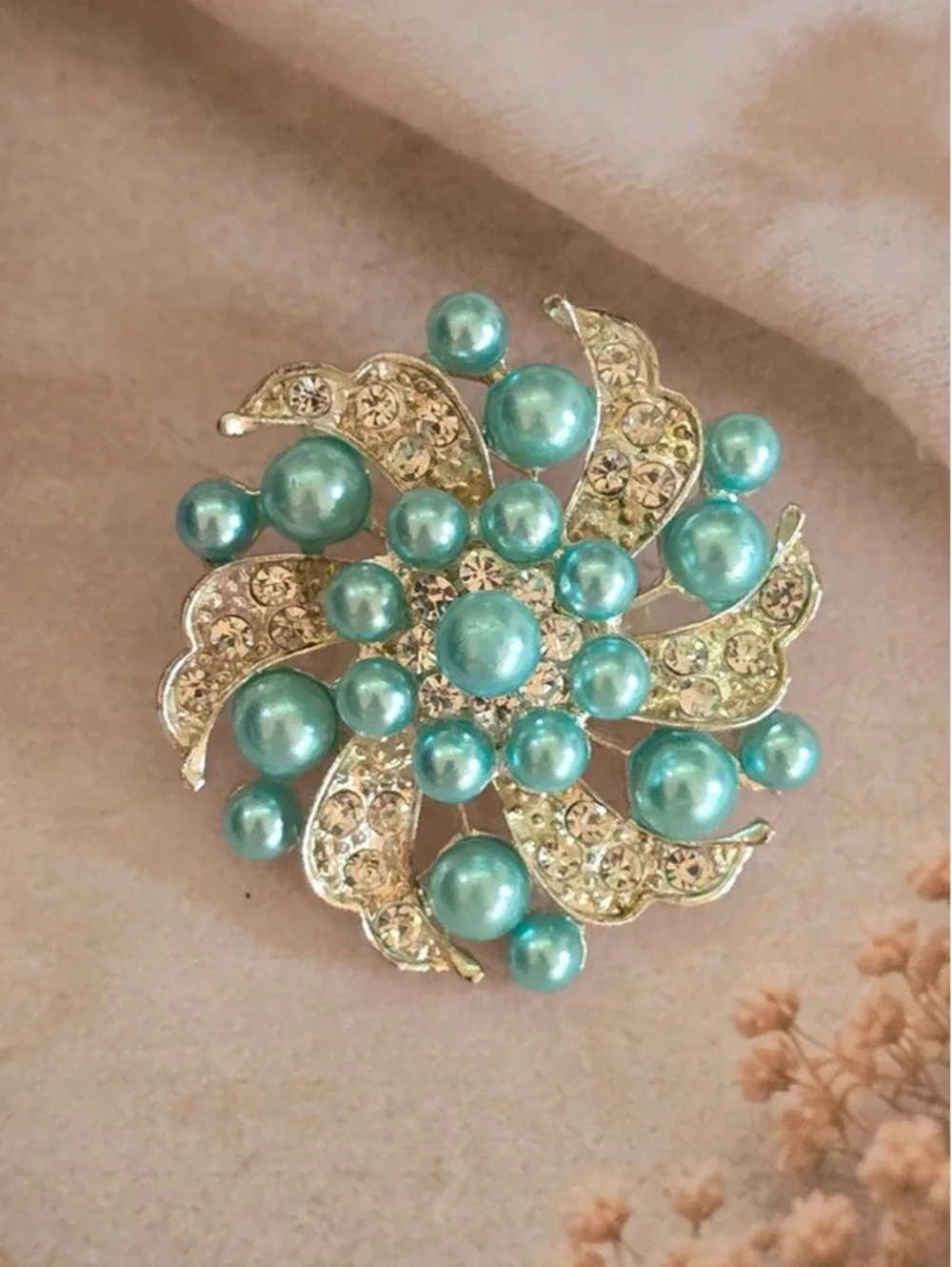 Vintage Aqua Blue Faux Pearl & Clear Rhinestone Floral Burst Brooch Pin